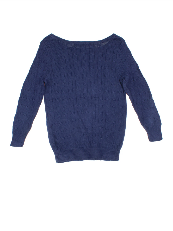 Ralph Lauren Cable Knit Jumper in a blue colourway with a big collar and embroidered logo on front.