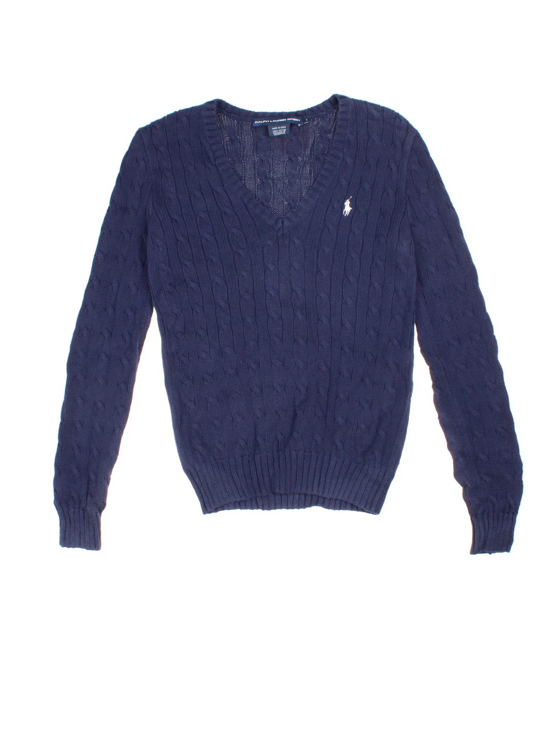 Ralph Lauren Cable Knit Jumper in a blue colourway with a V neck collar and embroidered logo on front.