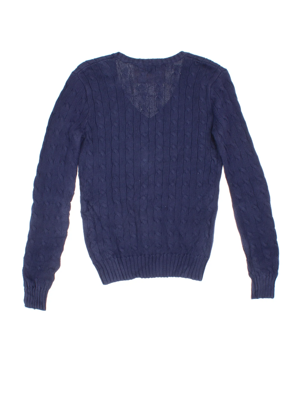 Ralph Lauren Cable Knit Jumper in a blue colourway with a V neck collar and embroidered logo on front.