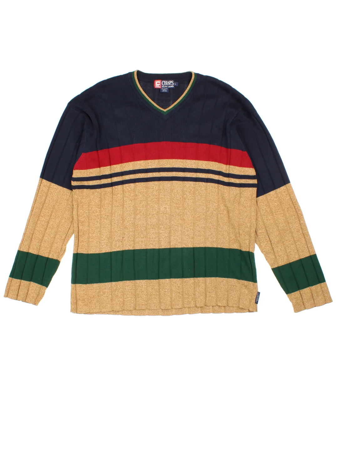 Ralph Lauren Sweater in a multicoloured colourway with a V neck collar and stripe pattern on front and back.