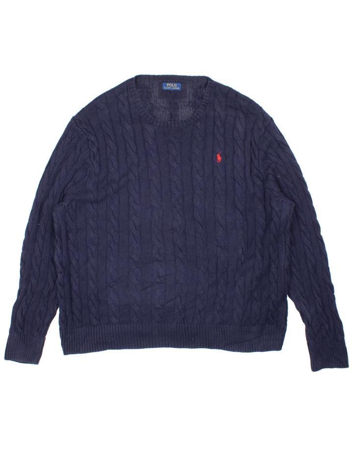 Ralph Lauren Cable Knit Jumper in a blue colourway embroidered logo on the front.