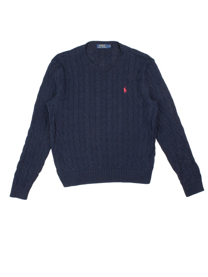 Ralph Lauren Cable Knit Jumper in a blue colourway embroidered logo on the front.