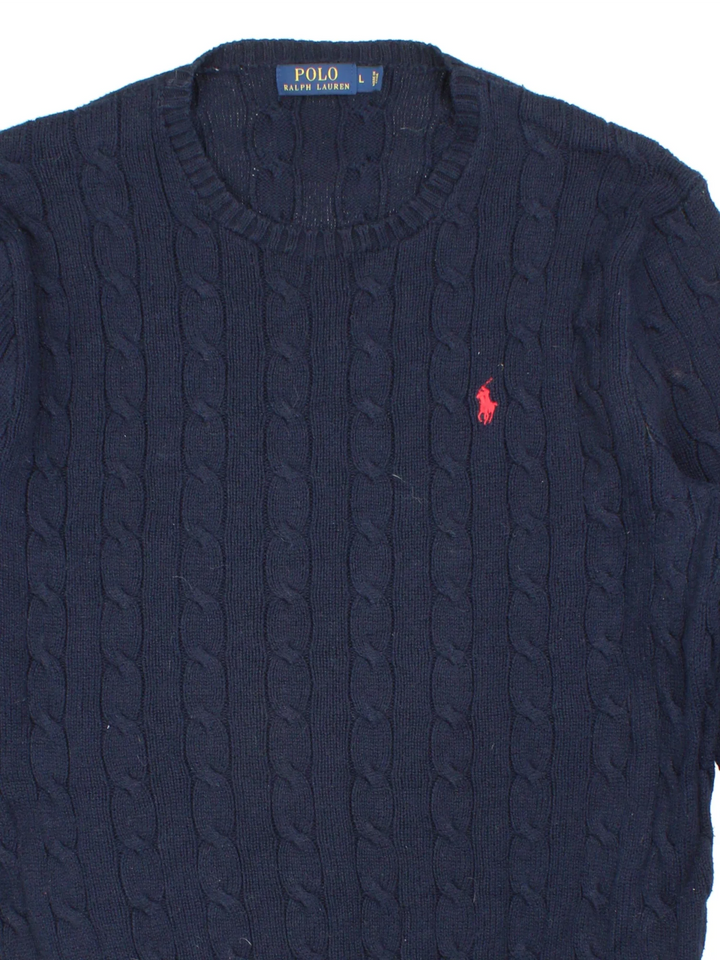 Ralph Lauren Cable Knit Jumper in a blue colourway embroidered logo on the front.