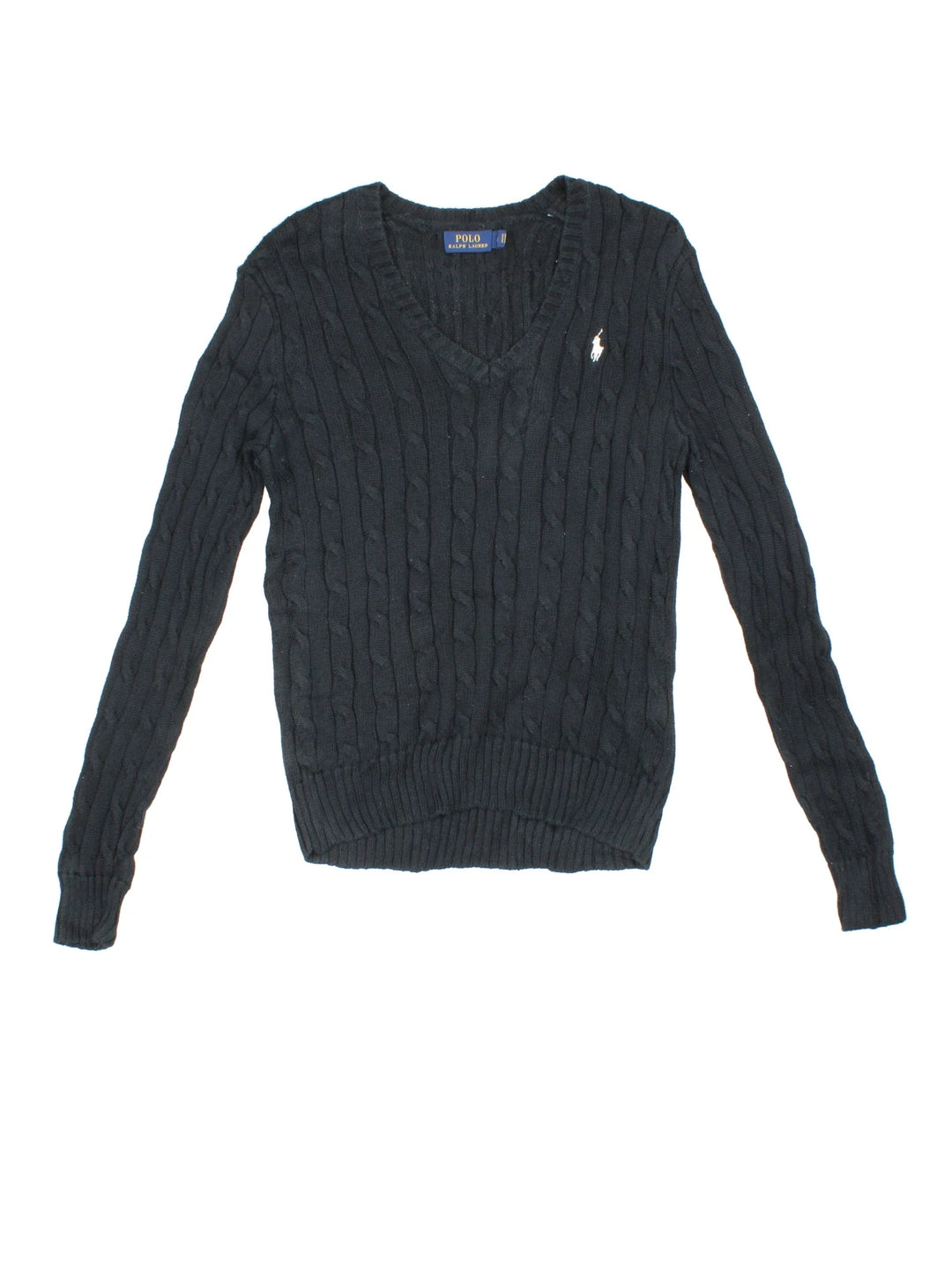 Ralph Lauren Cable Knit Jumper in a black colourway with a V neck collar and embroidered logo on front.
