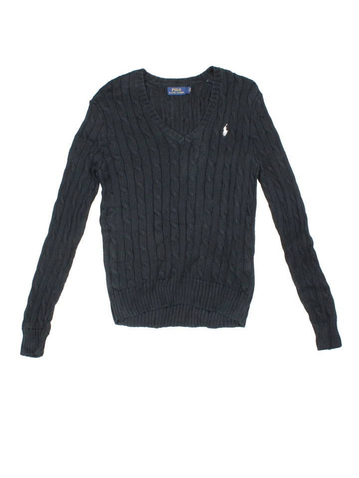 Ralph Lauren Cable Knit Jumper in a black colourway with a V neck collar and embroidered logo on front.