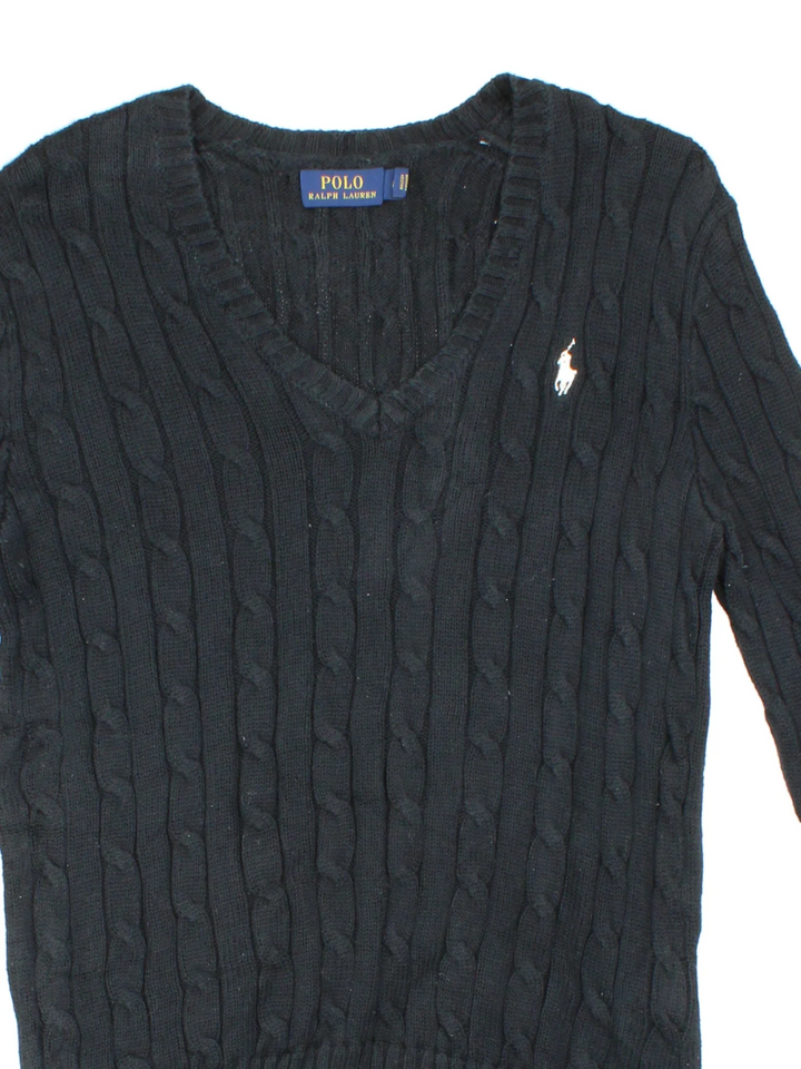 Ralph Lauren Cable Knit Jumper in a black colourway with a V neck collar and embroidered logo on front.