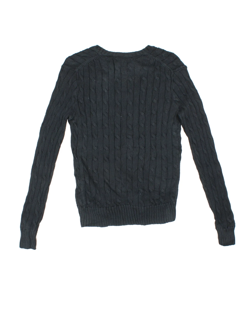 Ralph Lauren Cable Knit Jumper in a black colourway with a V neck collar and embroidered logo on front.