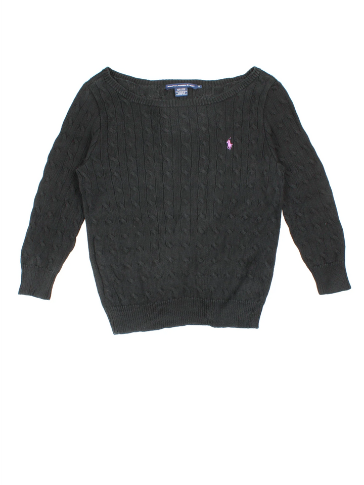 Ralph Lauren Cable Knit Jumper in a black colourway with a big collar and embroidered logo on front.