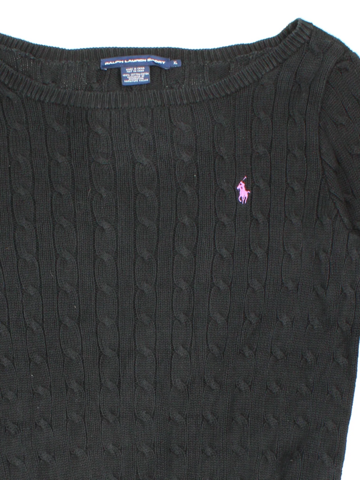 Ralph Lauren Cable Knit Jumper in a black colourway with a big collar and embroidered logo on front.