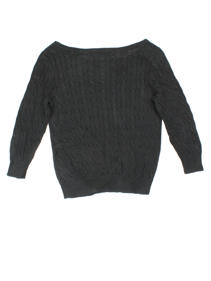 Ralph Lauren Cable Knit Jumper in a black colourway with a big collar and embroidered logo on front.