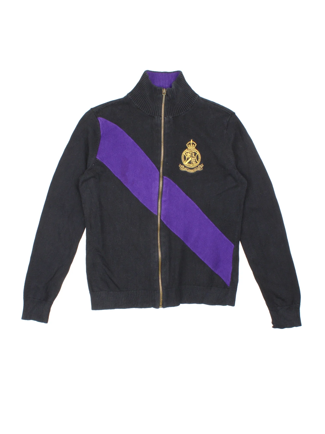 Lauren By Ralph Lauren Zip Up Sweater in a black colourway with purple stripe across and embroidered logo on front.