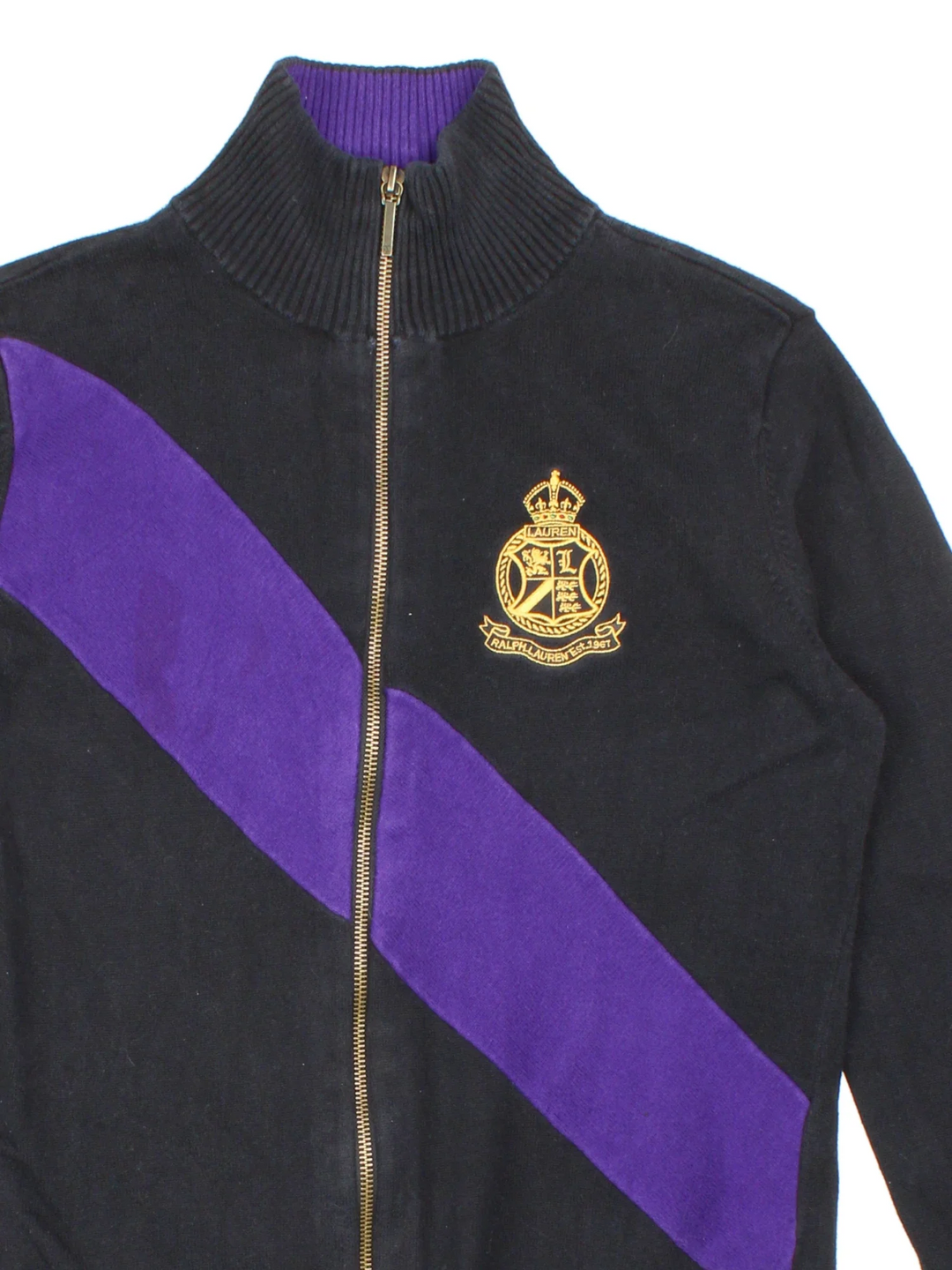 Lauren By Ralph Lauren Zip Up Sweater in a black colourway with purple stripe across and embroidered logo on front.