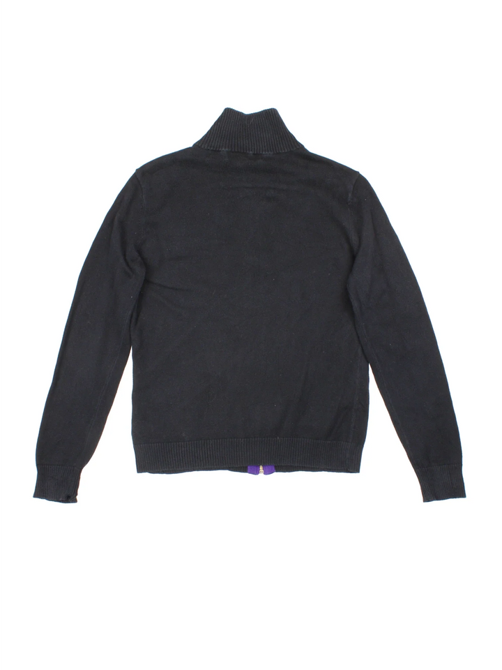 Lauren By Ralph Lauren Zip Up Sweater in a black colourway with purple stripe across and embroidered logo on front.