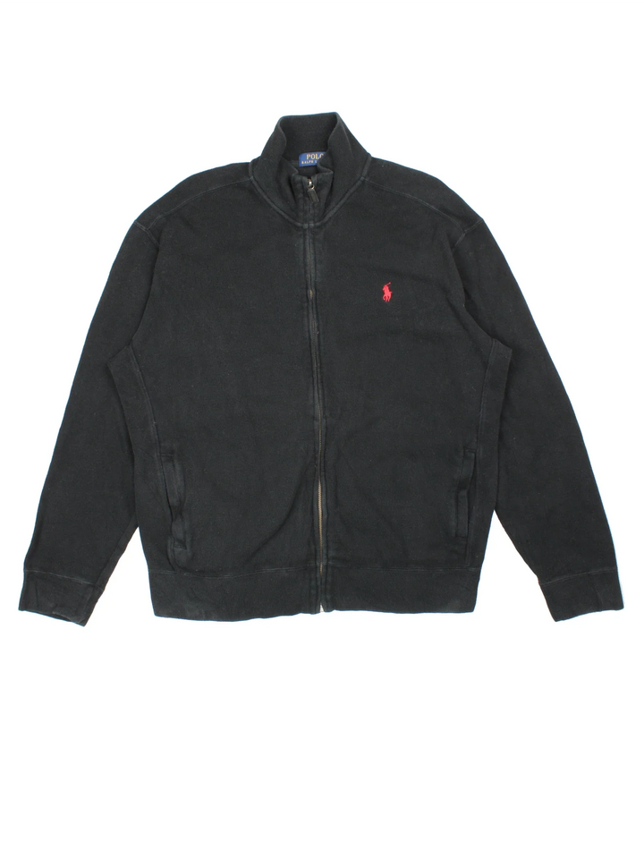 Ralph Lauren Zip Up Sweater in a black colourway with embroidered logo on front, and has side pockets.