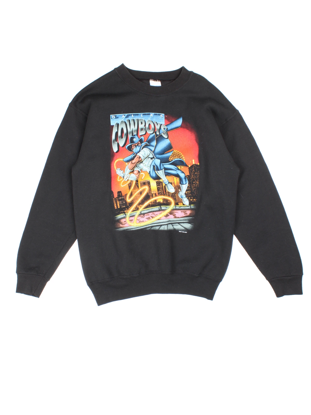 1994 Dallas Cowboys Salem Sportswear Comic Sweatshirt in a black colourway with superhero style comic graphic design printed on the front. 