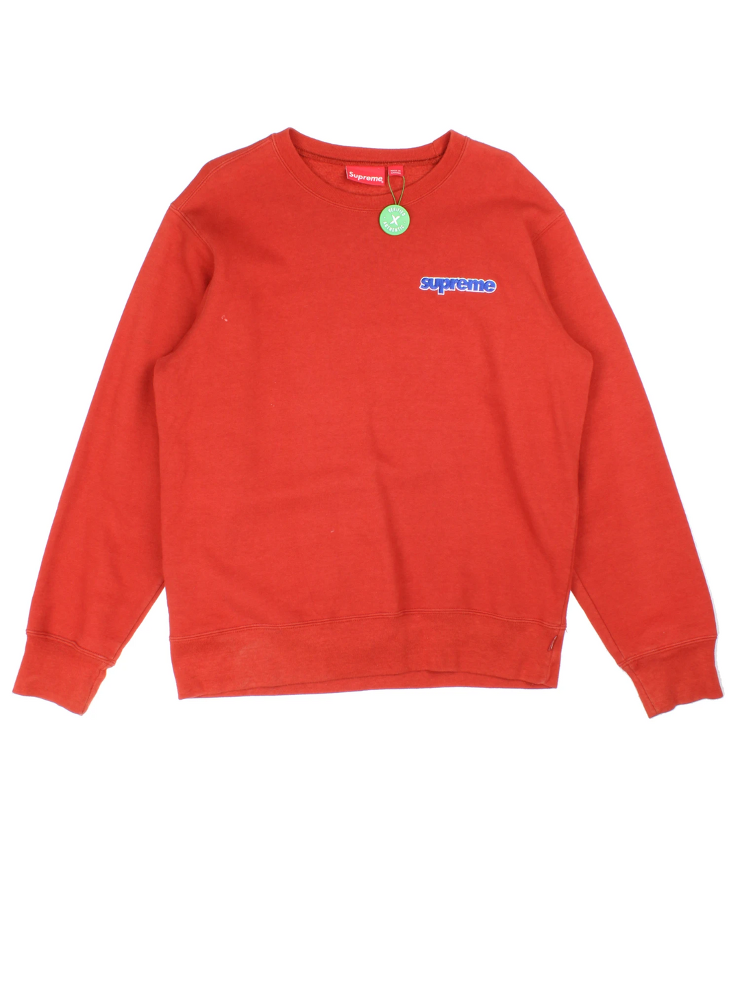 Supreme Connect red crewneck sweatshirt, made in Canada. Features embroidered spell-out logo across the chest