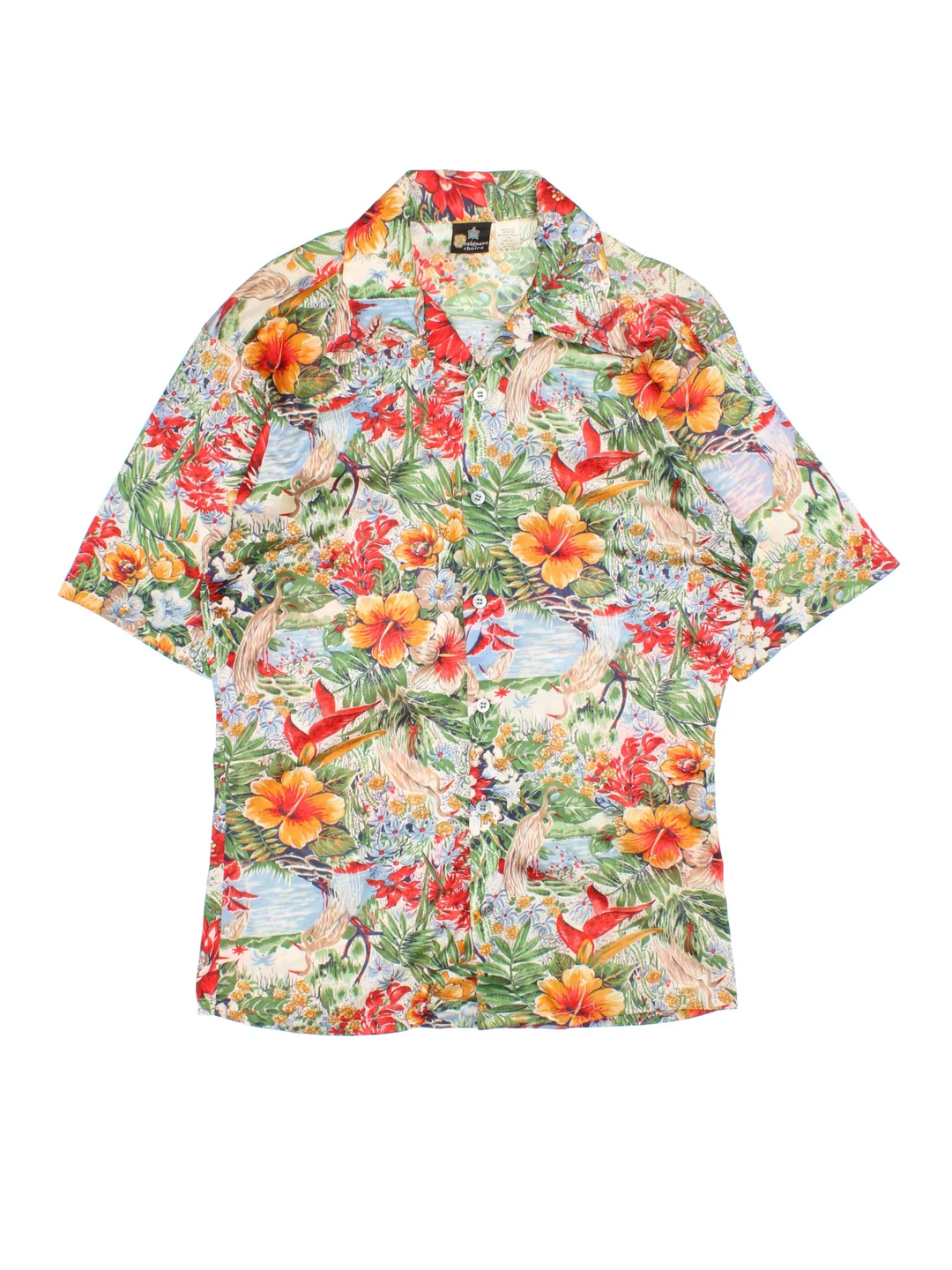 Vintage 70's Hawaiian Shirt in a floral multicoloured colourway, button up with contrast stitching and dagger collar.