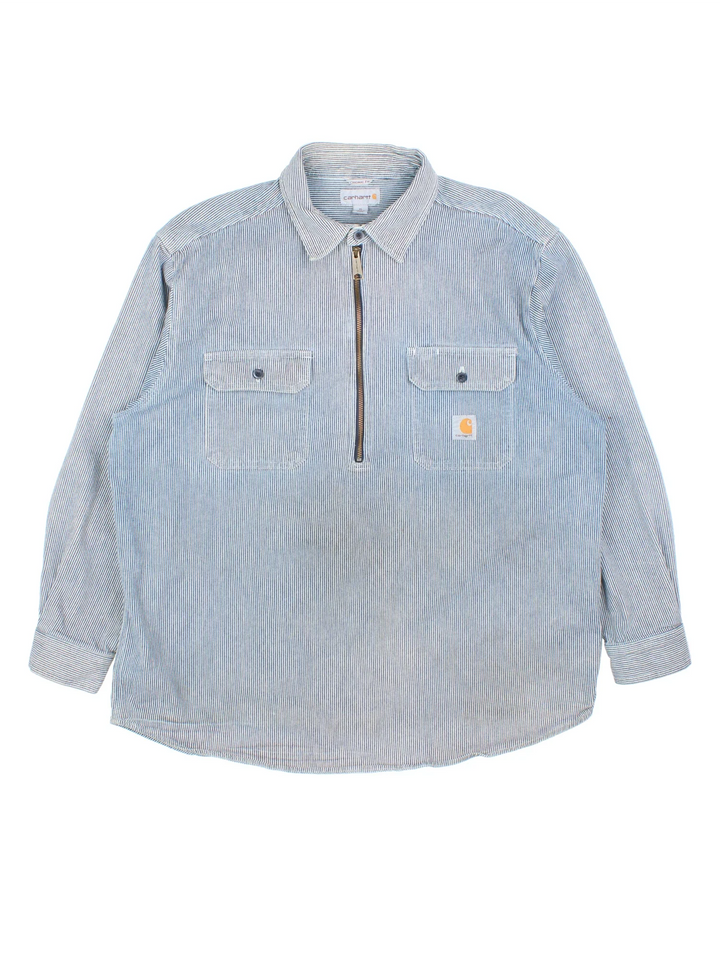 Carhartt 1/2 Zip Shirt in a blue stripe colourway. 1/2 zip fastening, with front patch pockets and embroidered patch logo.