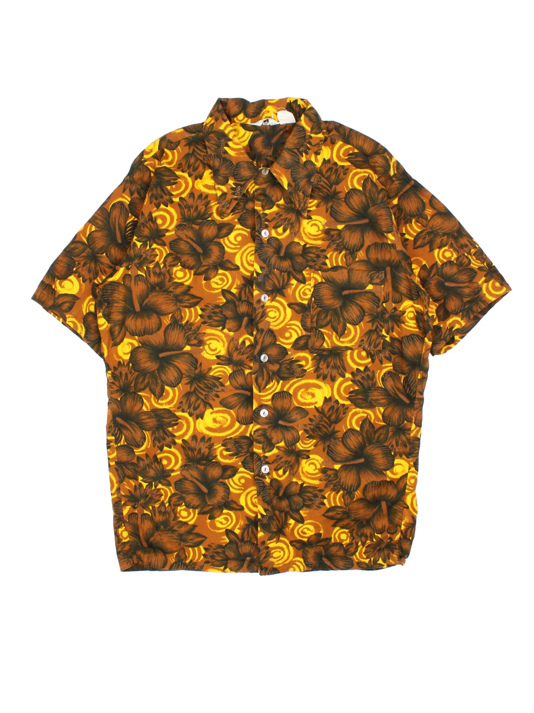 Vintage Hawaiian Shirt in a brown floral colourway. Button up fastening, with front patch pocket and dagger collar.