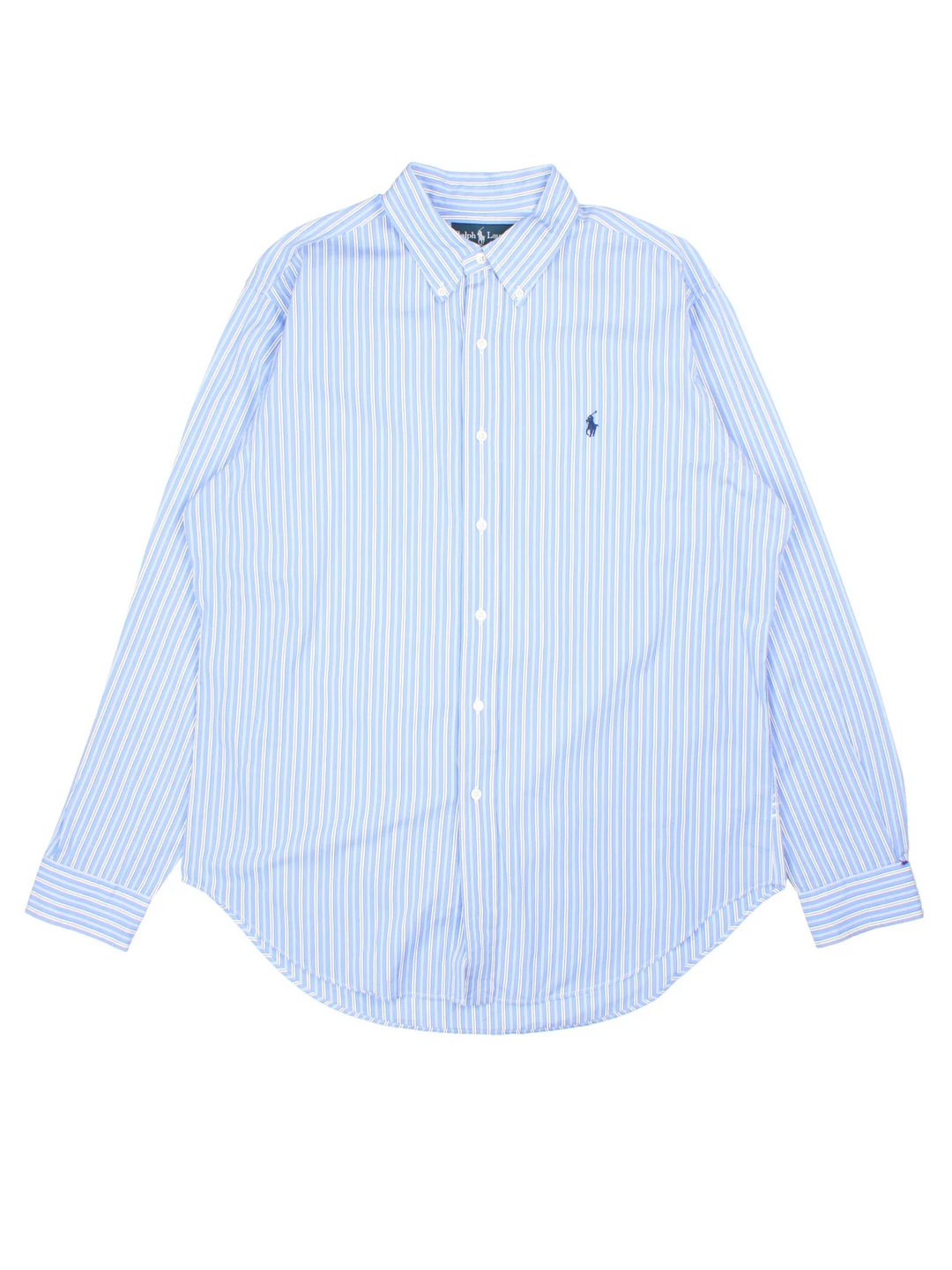 Ralph Lauren Shirt in a blue and white striped colourway, buttons up with the logo embroidered on the front.