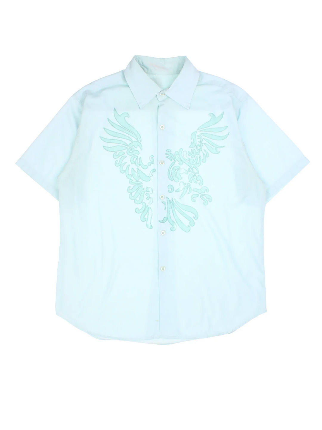 Vintage Printed Shirt in a blue colourway. Button up with front abstract pattern detail.