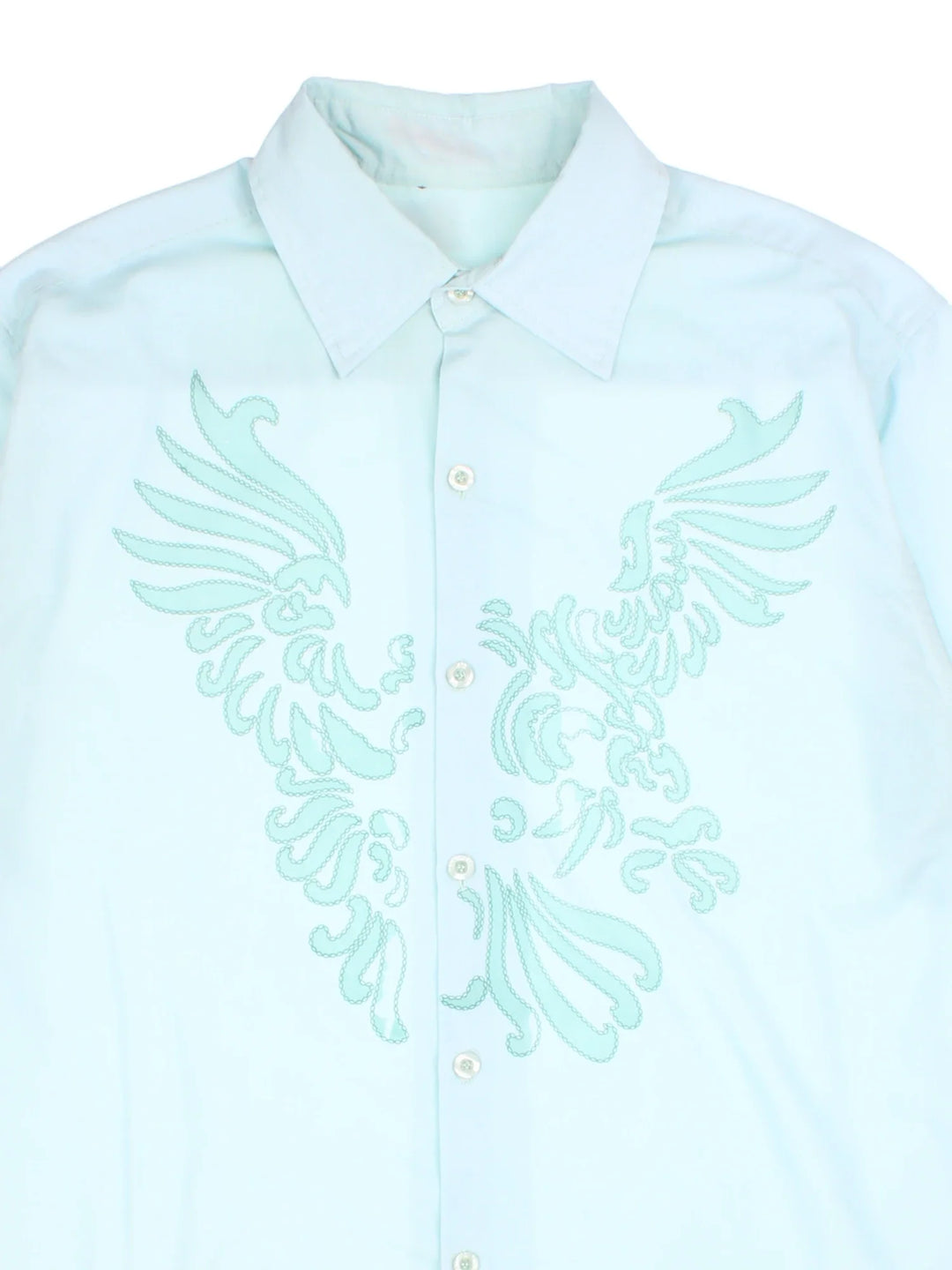 Vintage Printed Shirt in a blue colourway. Button up with front abstract pattern detail.