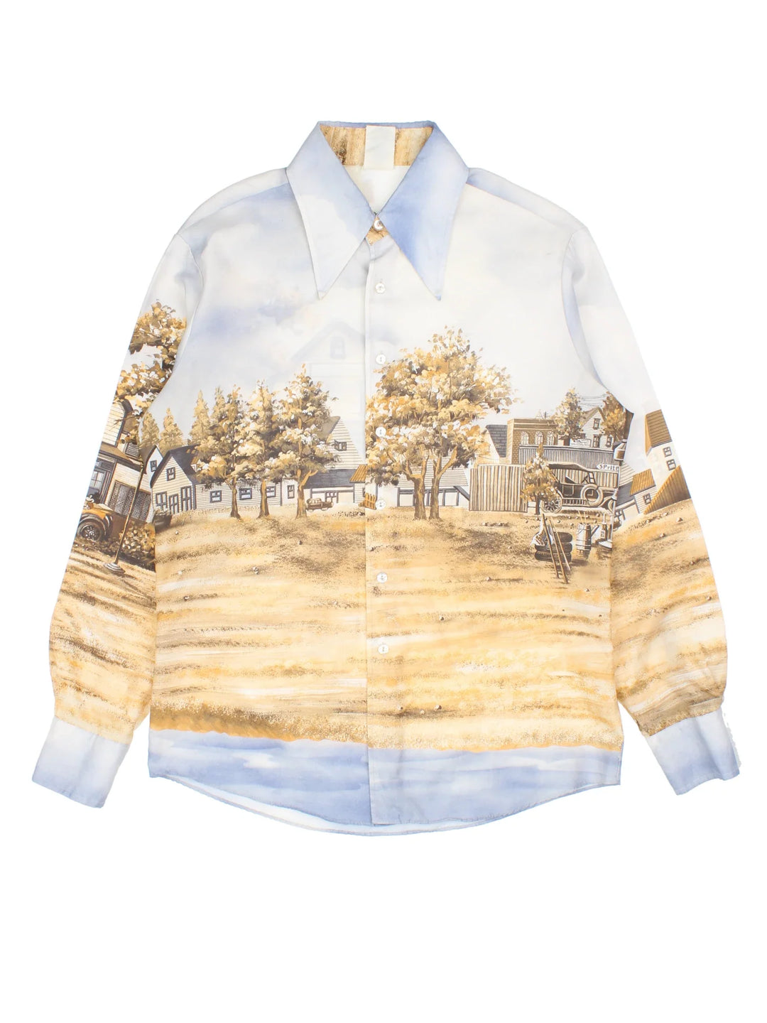 Vintage 80's Kennington Disney Shirt in a blue/tan colourway. Button up with all over print and dagger collar.
