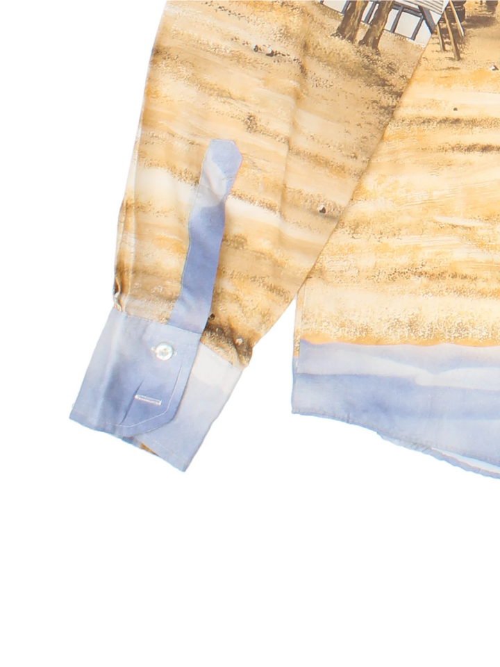 Vintage 80's Kennington Disney Shirt in a blue/tan colourway. Button up with all over print and dagger collar.