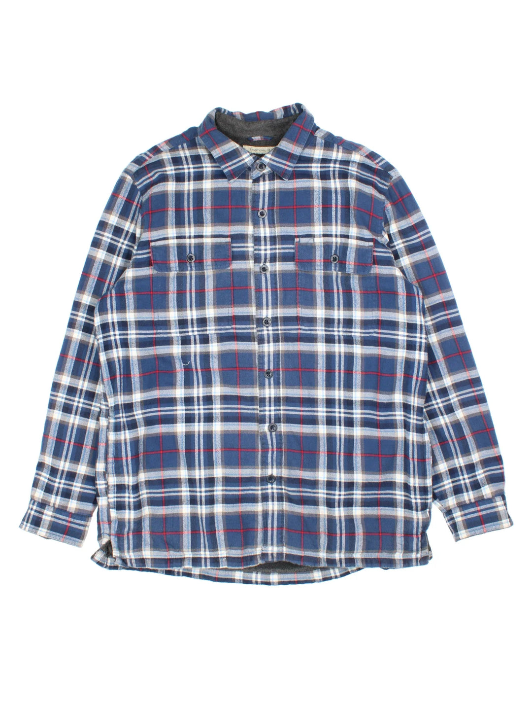L.L Bean Flannel Shirt in a blue/grey colourway. Button up with front patch pockets and fleece lining.