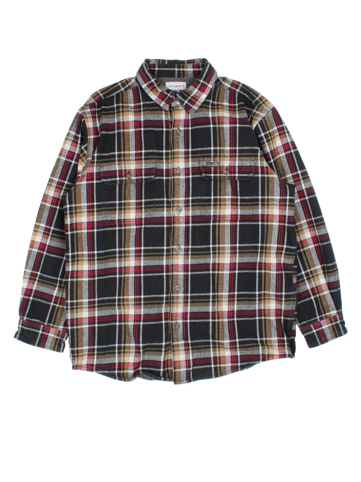 Carhartt Flannel Shirt in a black/grey/red colourway. Button up with front patch pockets and jersey lining.