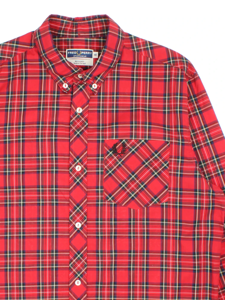 Fred Perry Shirt in a red colourway with all over check print, full button up with the logo embroidered on the front.