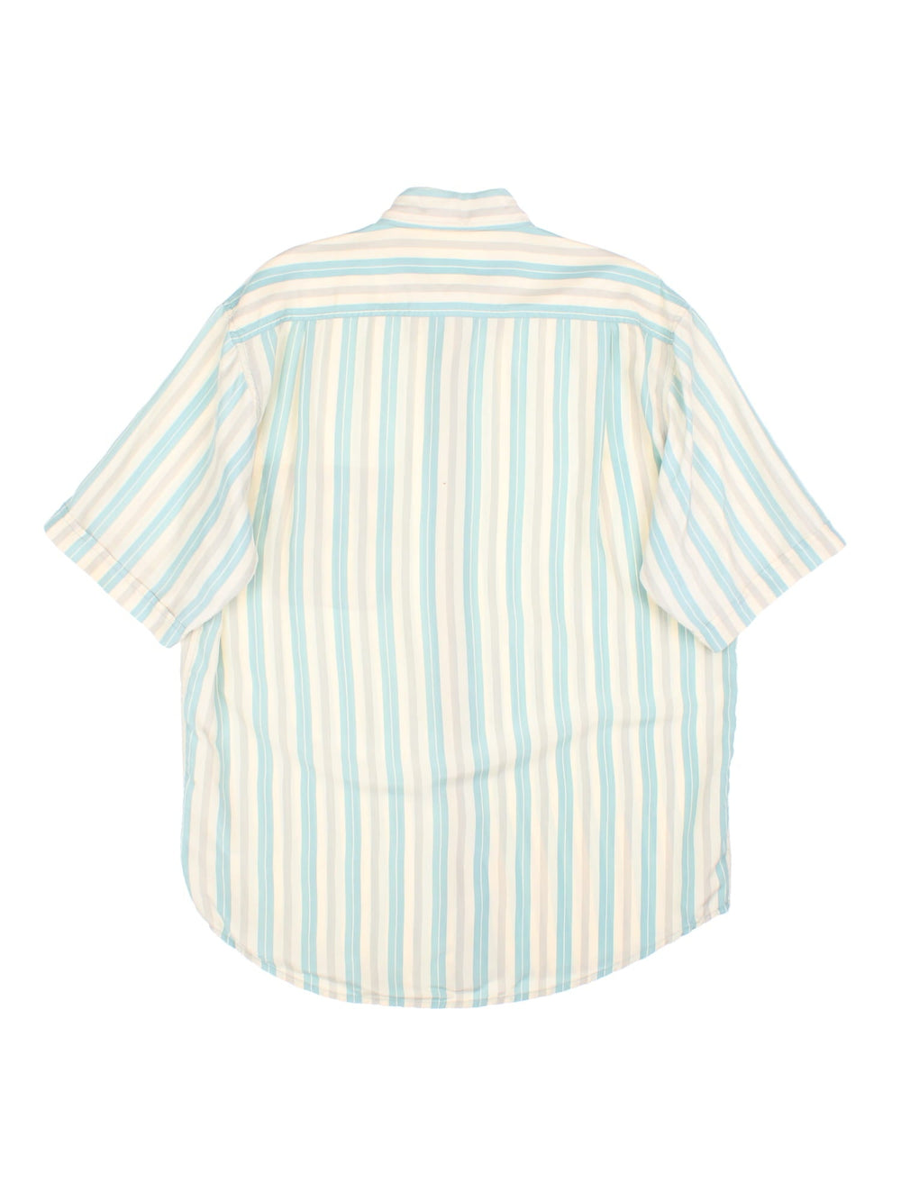 1990s Paul & Shark Shirt in a tan, grey and blue striped colourway. 100% silk with a patch pocket, and the Paul and Shark logo embroidered on the front. 