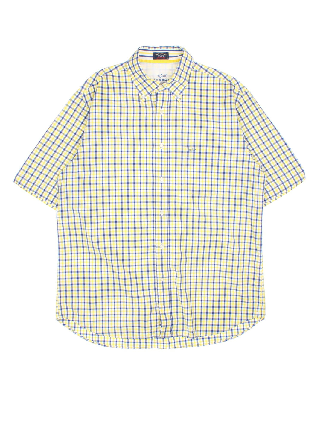 Vintage Paul & Shark Shirt in a yellow, white and navy colourway with the Paul and Shark logo embroidered on the front.