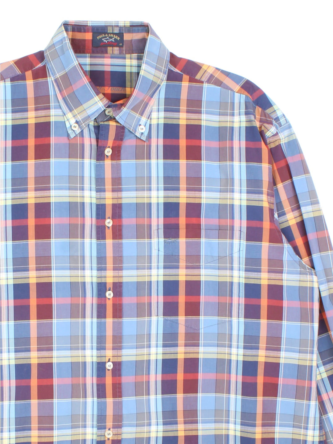 Paul & Shark Checked Shirt in a blue and red colourway, button up with the logo embroidered on the front.