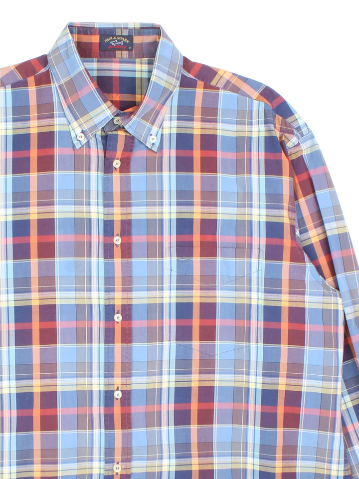 Paul & Shark Checked Shirt in a blue and red colourway, button up with the logo embroidered on the front.