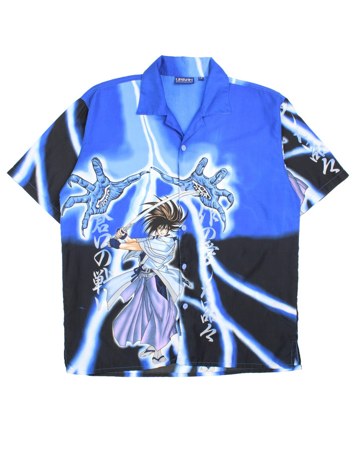 Vintage Samurai Shodown Seishiro Shirt in a blue colourway, button up with all over print.