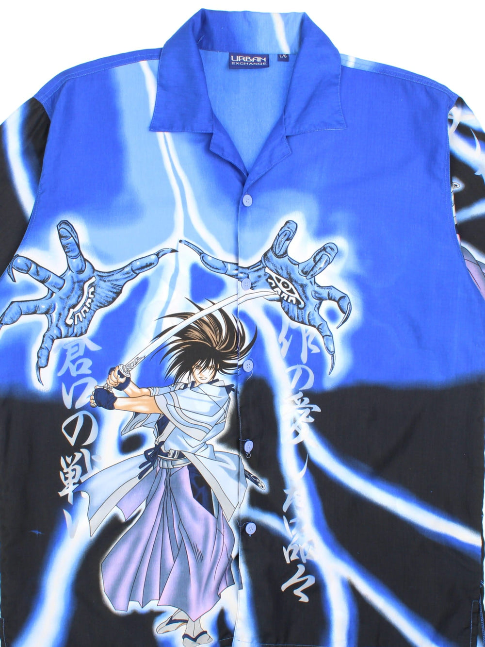 Vintage Samurai Shodown Seishiro Shirt in a blue colourway, button up with all over print.