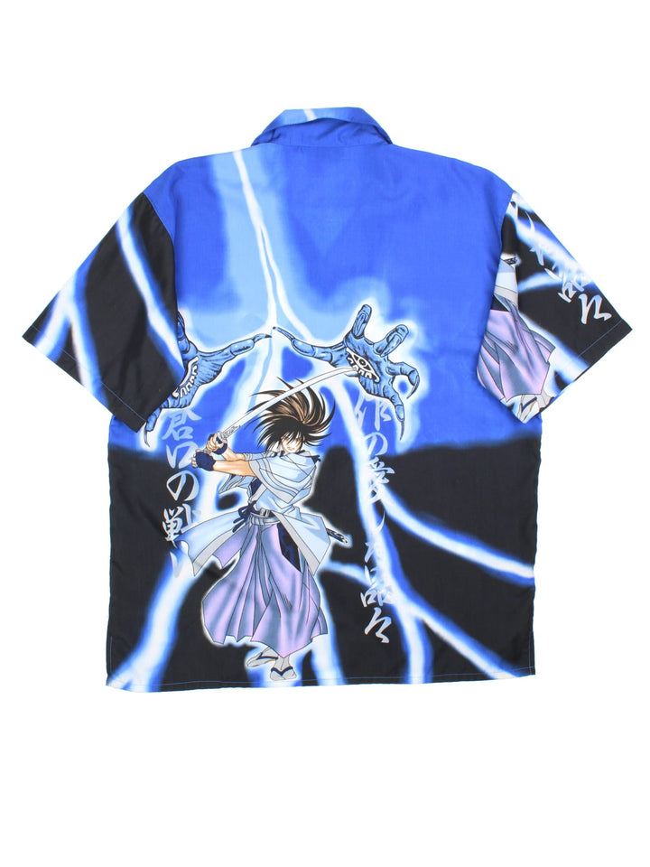Vintage Samurai Shodown Seishiro Shirt in a blue colourway, button up with all over print.
