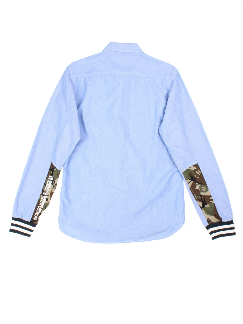 A Bathing Ape By Bape Oxford Shirt in a blue colourway and has camo panelling by on the sleeves, button up with the logo embroidered on the front.