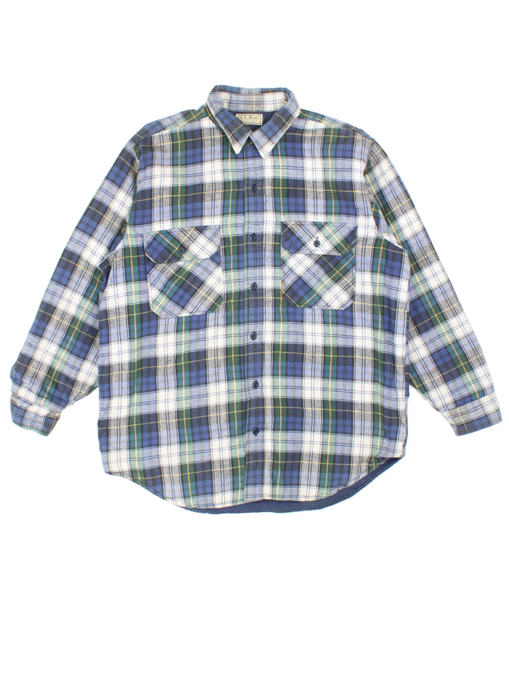 Vintage L.L Bean Flannel Shirt in a blue, green, yellow and white plaid pattern colourway, button up, insulated lining, and has double chest pockets.