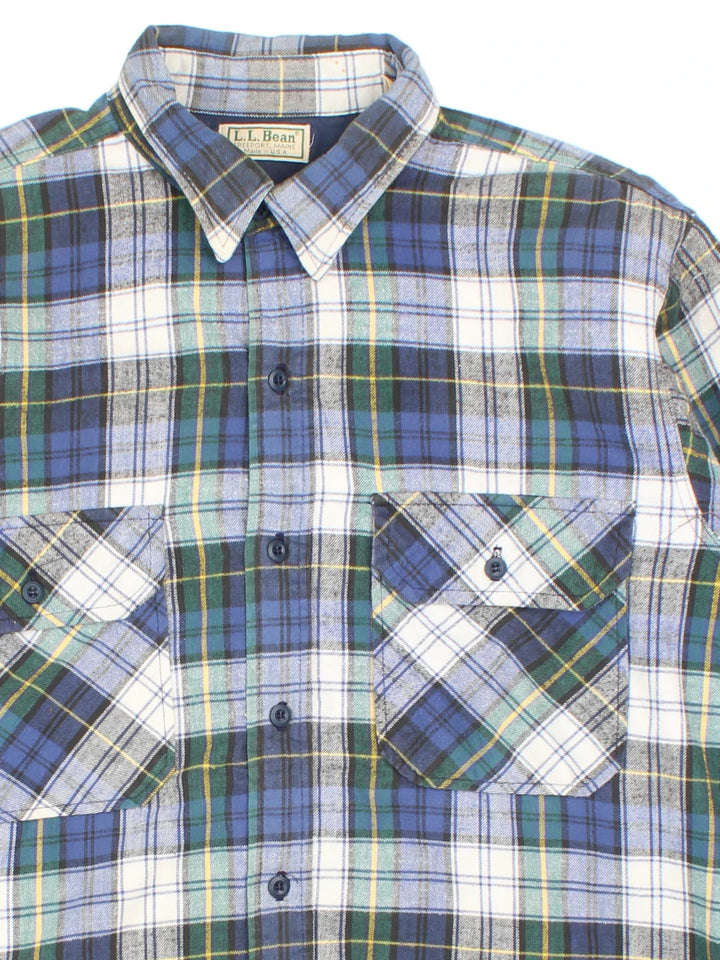Vintage L.L Bean Flannel Shirt in a blue, green, yellow and white plaid pattern colourway, button up, insulated lining, and has double chest pockets.