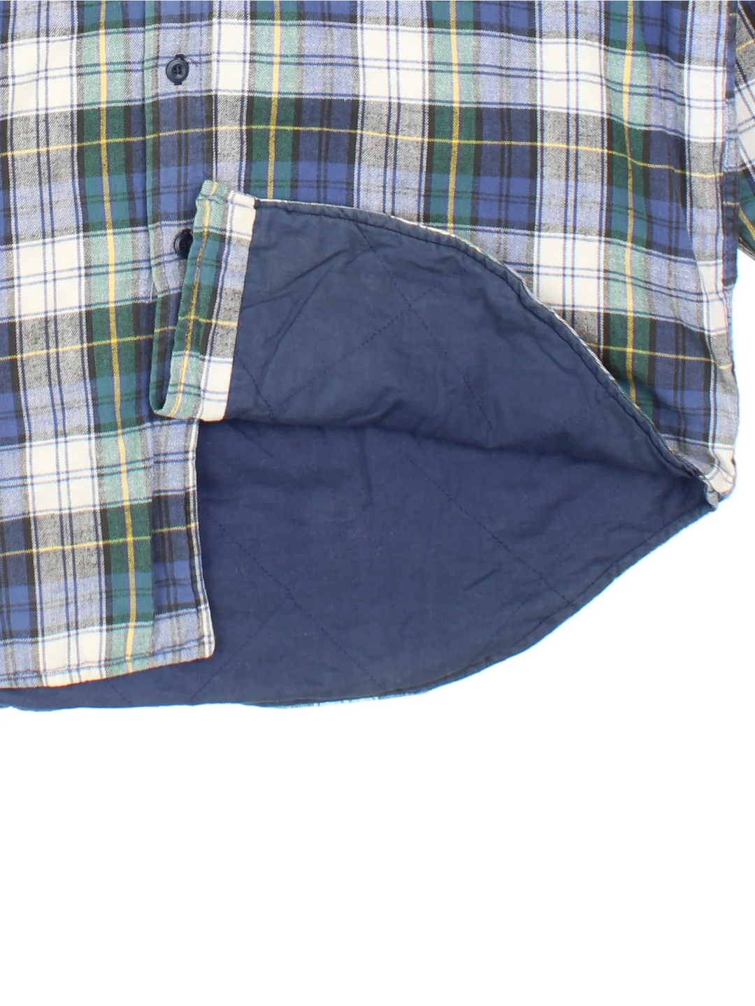 Vintage L.L Bean Flannel Shirt in a blue, green, yellow and white plaid pattern colourway, button up, insulated lining, and has double chest pockets.