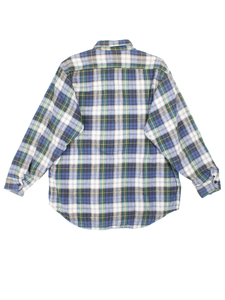 Vintage L.L Bean Flannel Shirt in a blue, green, yellow and white plaid pattern colourway, button up, insulated lining, and has double chest pockets.
