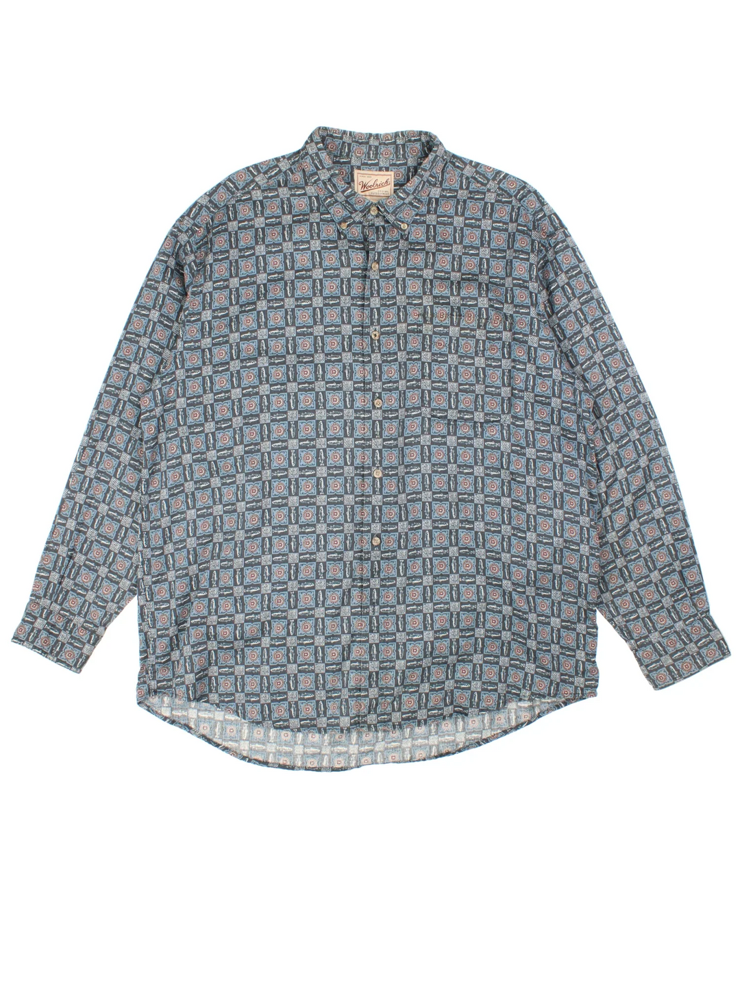Vintage Woolrich Fish Shirt in a blue colourway with all over fish pattern, button up and has a chest pocket.
