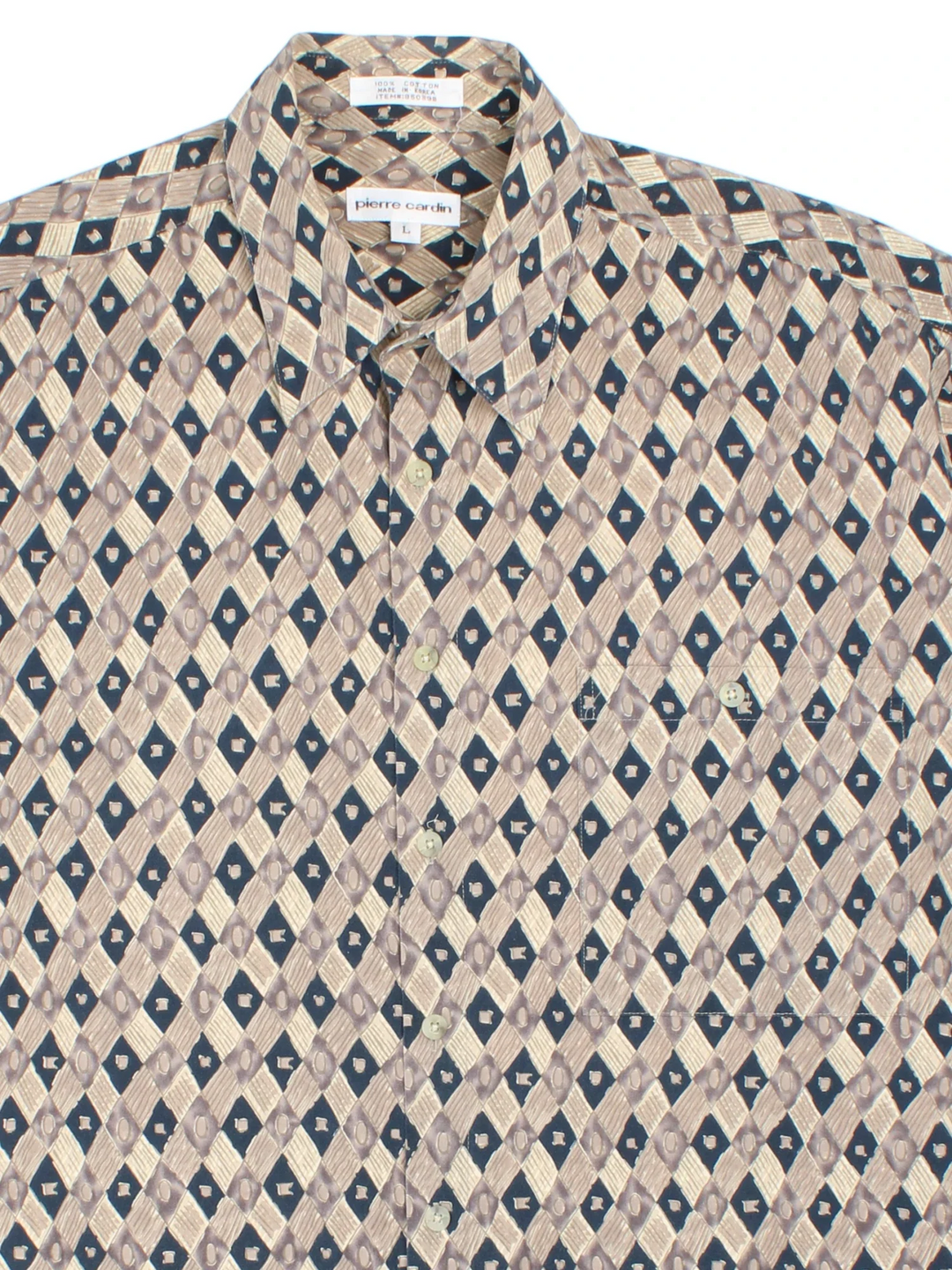 Vintage Pierre Cardin Abstract Pattern Shirt in a tan and navy colourway, button up and has a chest pocket.