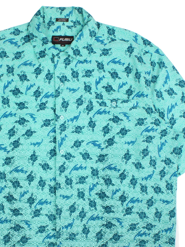 FUBU Shirt in a green/blue colourway, button up with all over logo and floral print.