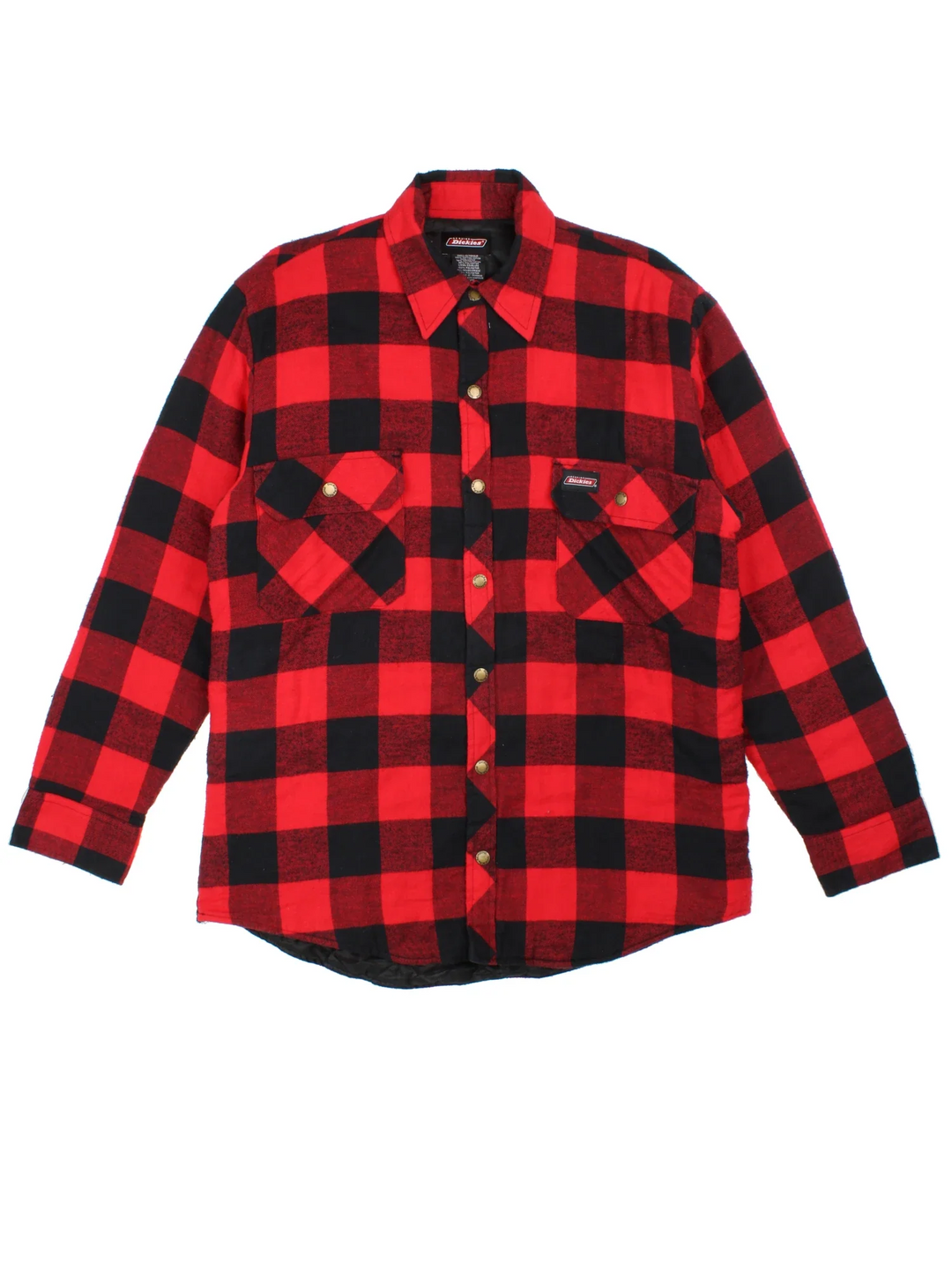 Dickies Flannel Jacket in a red and black checkered colourway. Buttons up and has double chest pockets, insulated with a quilted lining, and has the logos embroidered on the front.