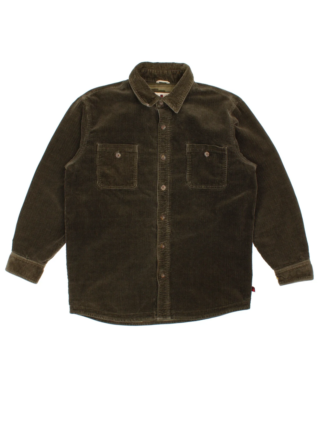 Woolrich Corduroy Shirt in a green colourway, aztec pattern lining, button up and has double chest pockets.