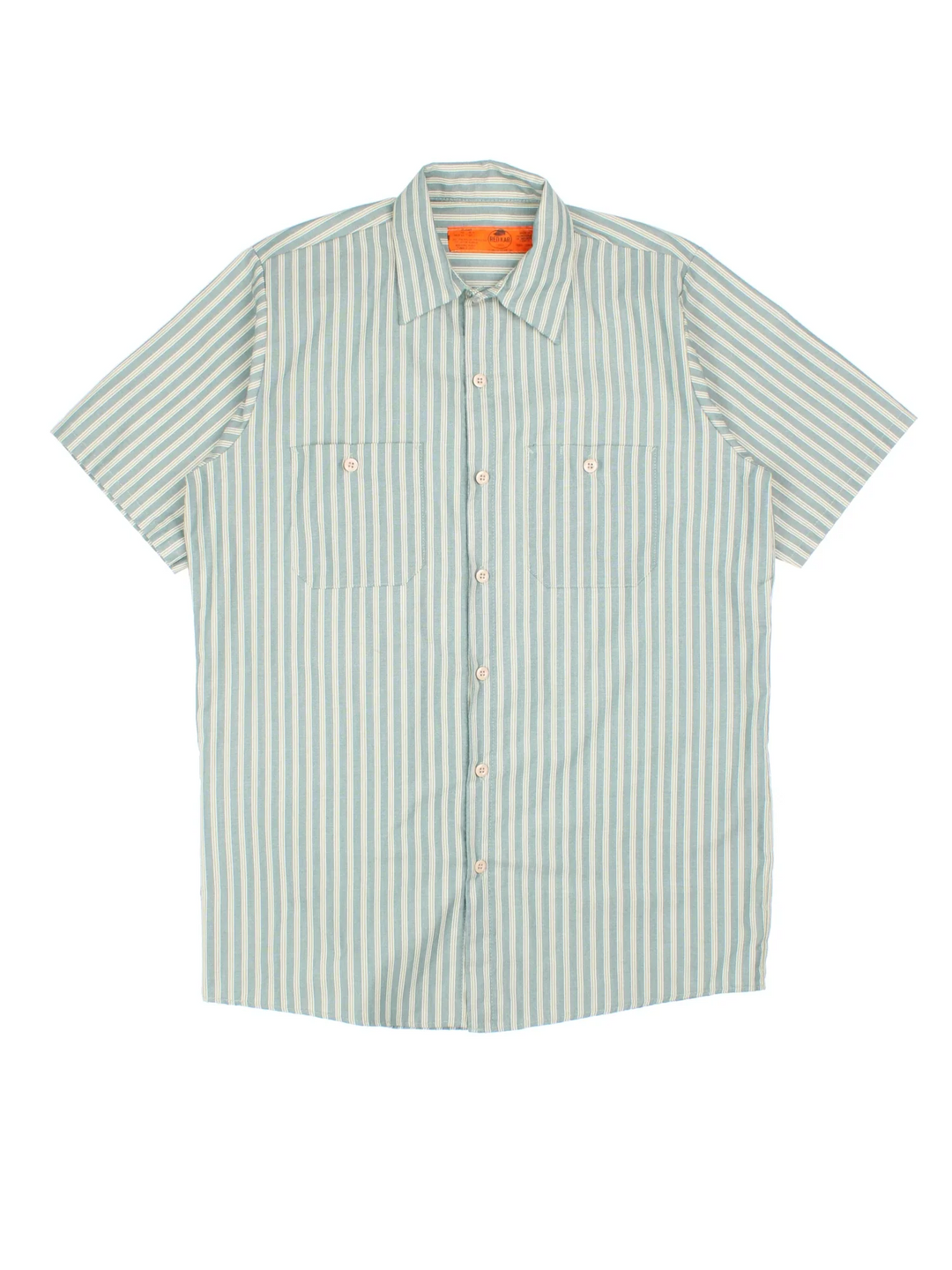 Vintage Red Kap Shirt in a blue striped colourway, button up and has double chest pockets.