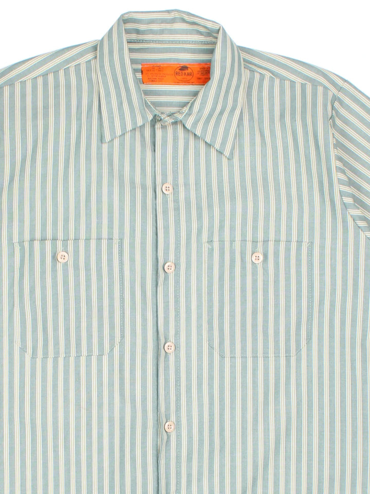 Vintage Red Kap Shirt in a blue striped colourway, button up and has double chest pockets.